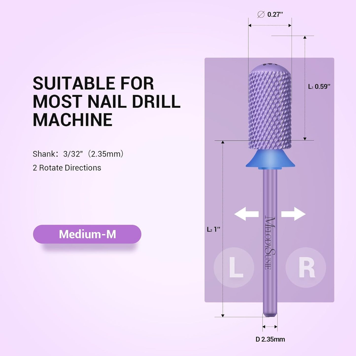 MelodySusie Safety Nail Drill Bits, 3/32'' Smooth Round Top Large Barrel Carbide Bits, Suitable for Manicure Pedicure Cuticle Gel Polishing, Beginners Bits, Purple, Series Bit-S, M