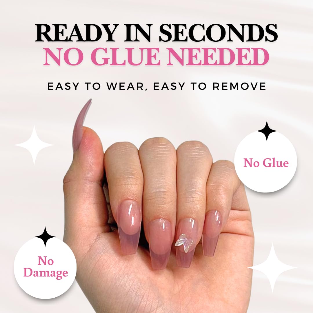 Perfect Look Press On Nails - Rose Wings | No Glue One-Day Glossy Pink Nude Coffin Nails with 3D Butterfly Accents - 24 Pcs Nail Kit with Adhesive Tabs