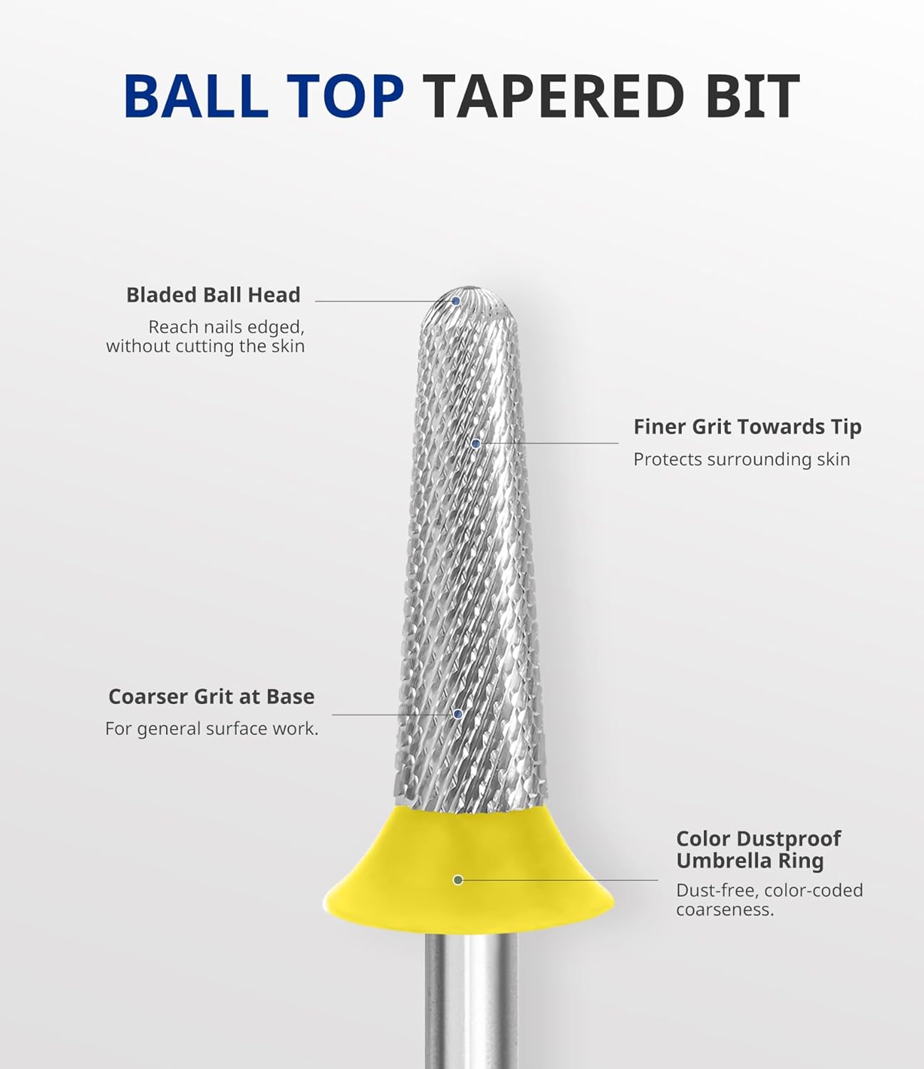 AIRSEE Tungsten Carbide Acrylic Nail Drill Bit Efile Electric File Machine Head Tip for Manicure Polishing Art Remove Gel 3/32" 2 Way Safety Use Ball Top Tapered Bit Cone Shape Extra Fine-XF