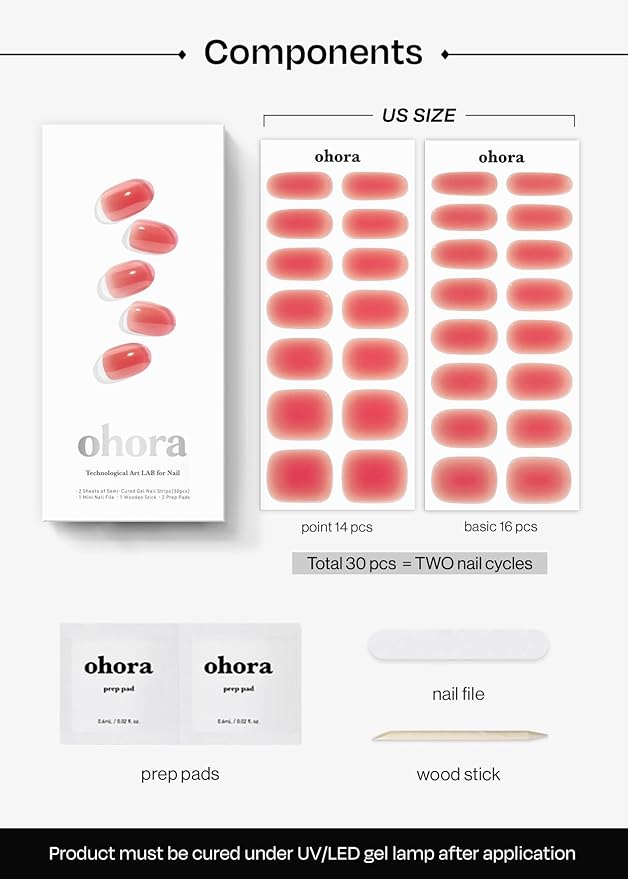ohora Semi Cured Gel Nail Strips (N Peach Jelly) - Works with Any Nail Lamps, Salon-Quality, Long Lasting, Easy to Apply & Remove - Includes 2 Prep Pads, Nail File & Wooden Stick