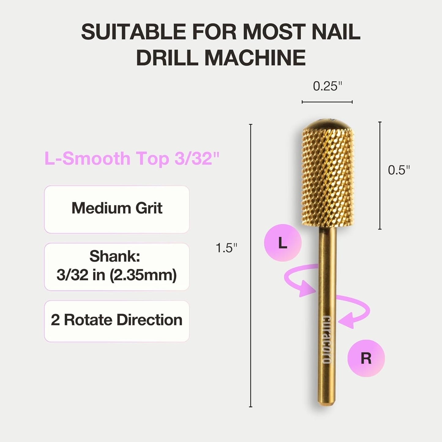 Curacoro Nail Drill Bits 3/32'' - L-Shaped Smooth Stop Barrel Carbide Bit (Medium) for Professional Finish, Refine & Smooth Acrylic or Gel Nails, Nail Art Pedicure Manicure Salon & Home