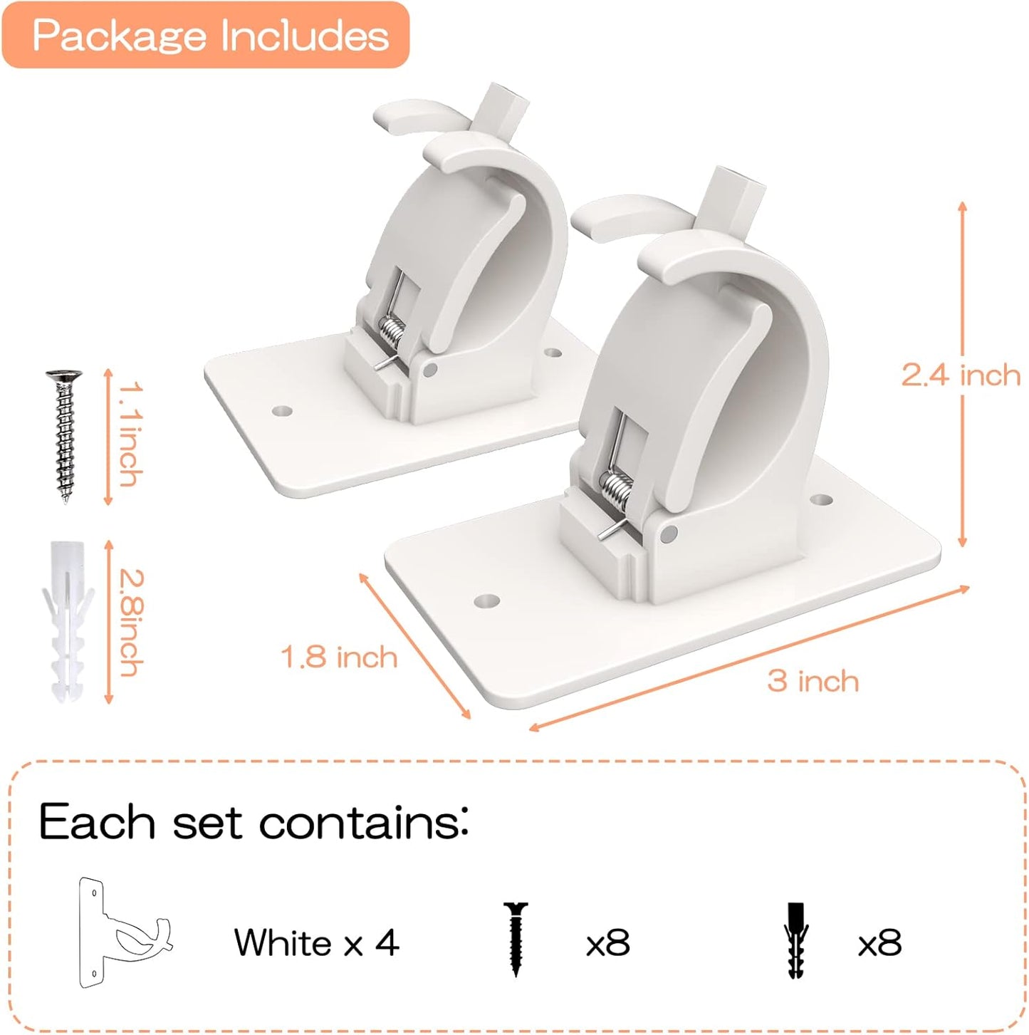 CIEMGNZOC 4PCS No Drill Curtain Brackets, Self-Adhesive Rod Holders, Nail Free Adjustable, Hooks for Rods Under 1.57 Inch (White)