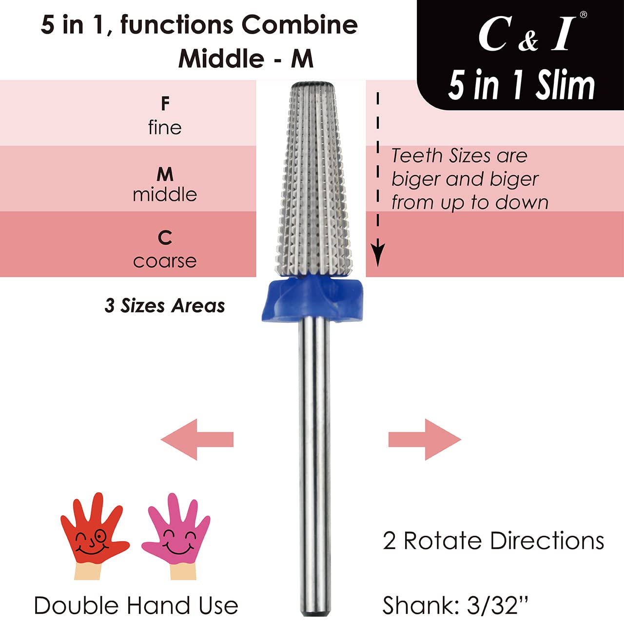 C & I 5 in 1 Nail Drill Bit, Slim Edition, Professional Manicure Drills for Electric Nail Drill Machine (Middle -M)