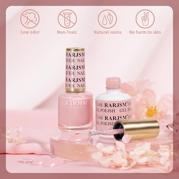 RARJSM Bubble Pink Nude Gel Nail Polish 2pcs Set,Gel and Lacquer Combo,PalePink Air Dry Nail Lacquer and Nude Pink GelPolish LED UV Curing Requires French Manicure DIY Nail Art Home Salon 15ml