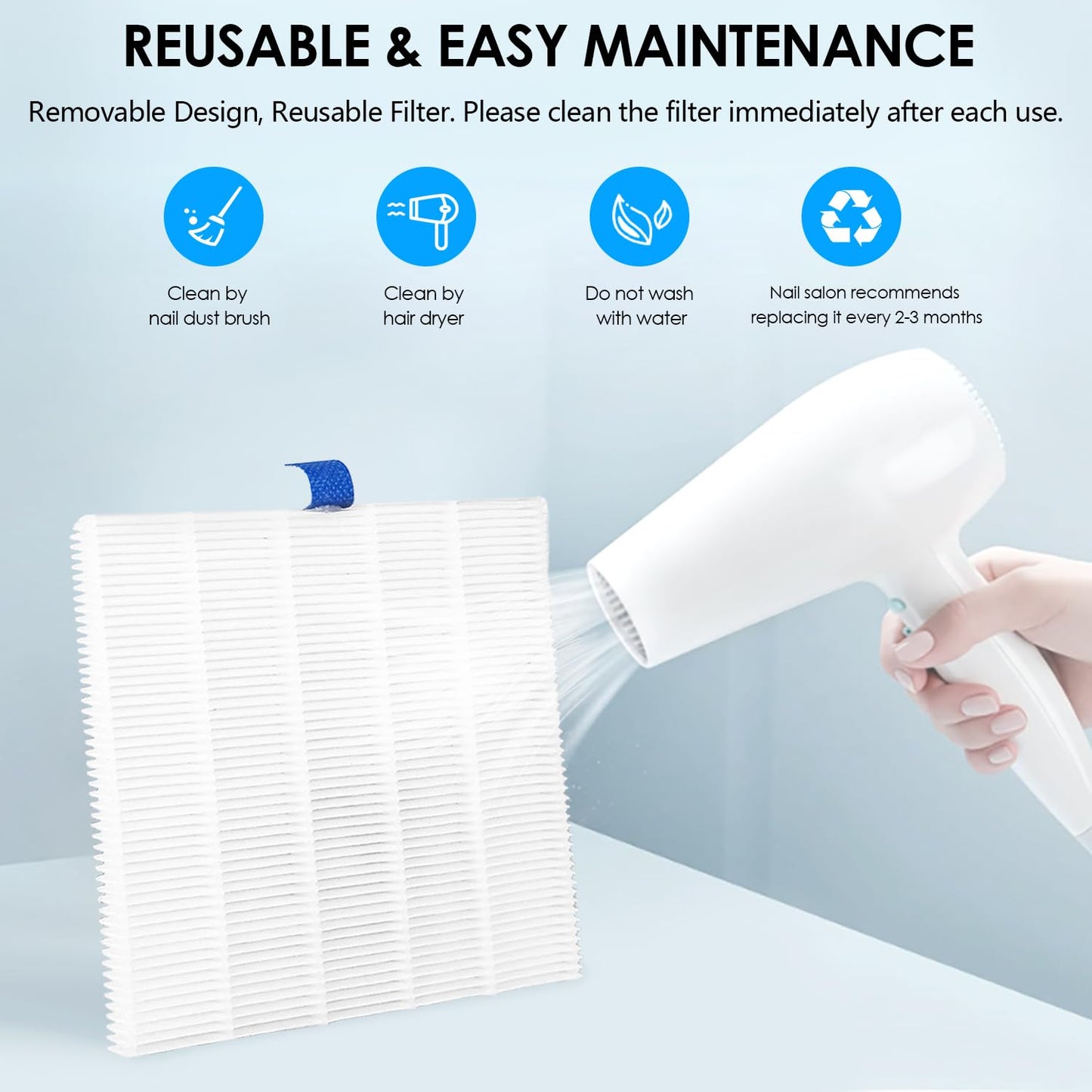 2PACK Reusable Nail Dust Collector Filter, Replacement Filters Compatible with Nail Duster Collector, Powerful Nail Vacuum Nail Filters, Nail Dust Extractor Replacement, Easy to Clean 5.51x5.31inch