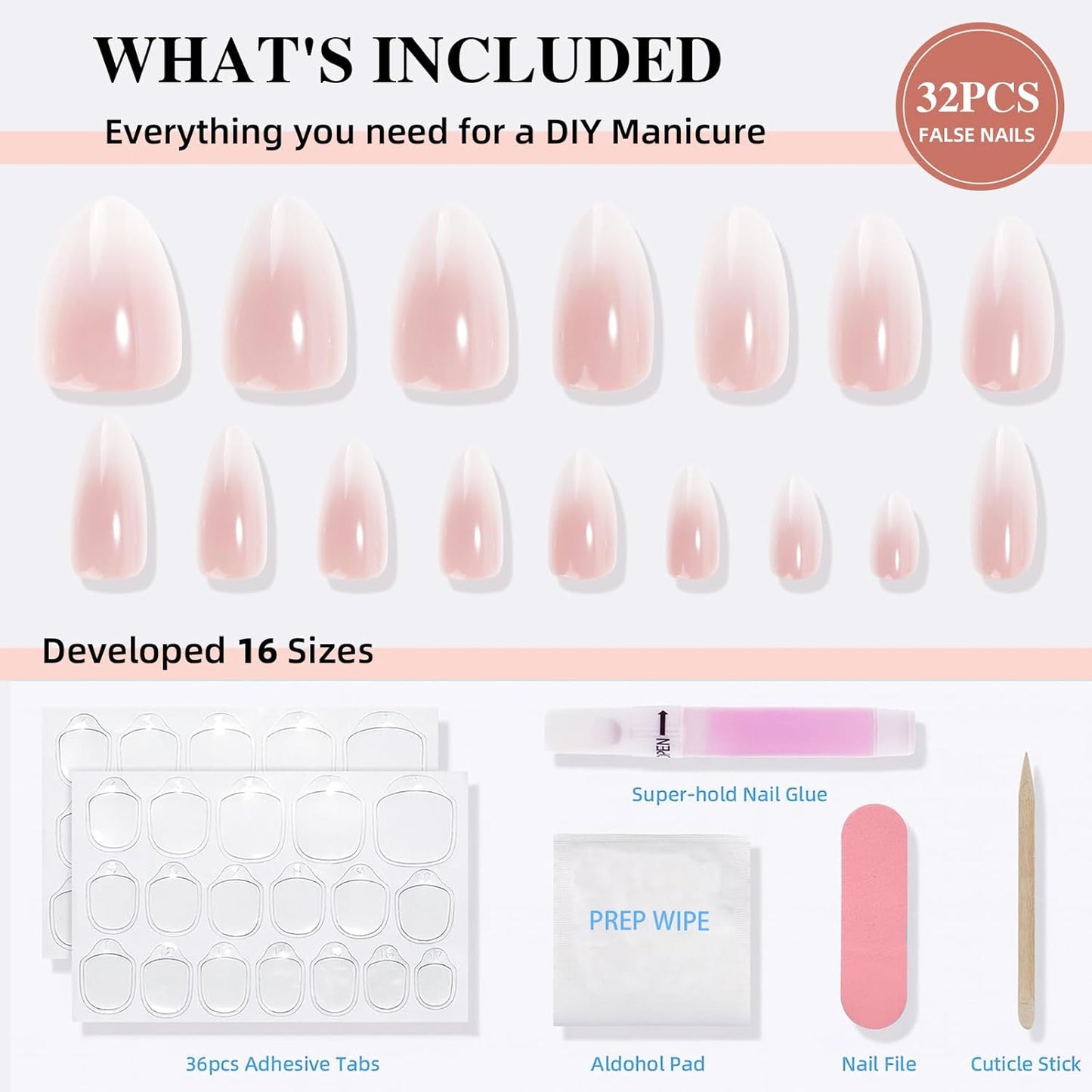 Press on Nails, Short Press on Nails Almond Reusable Glossy Pink White Nails Soft Gel False Nails Press ons for Women, 16 Sizes 32 Count Nails Kit with Glue (SV-05)