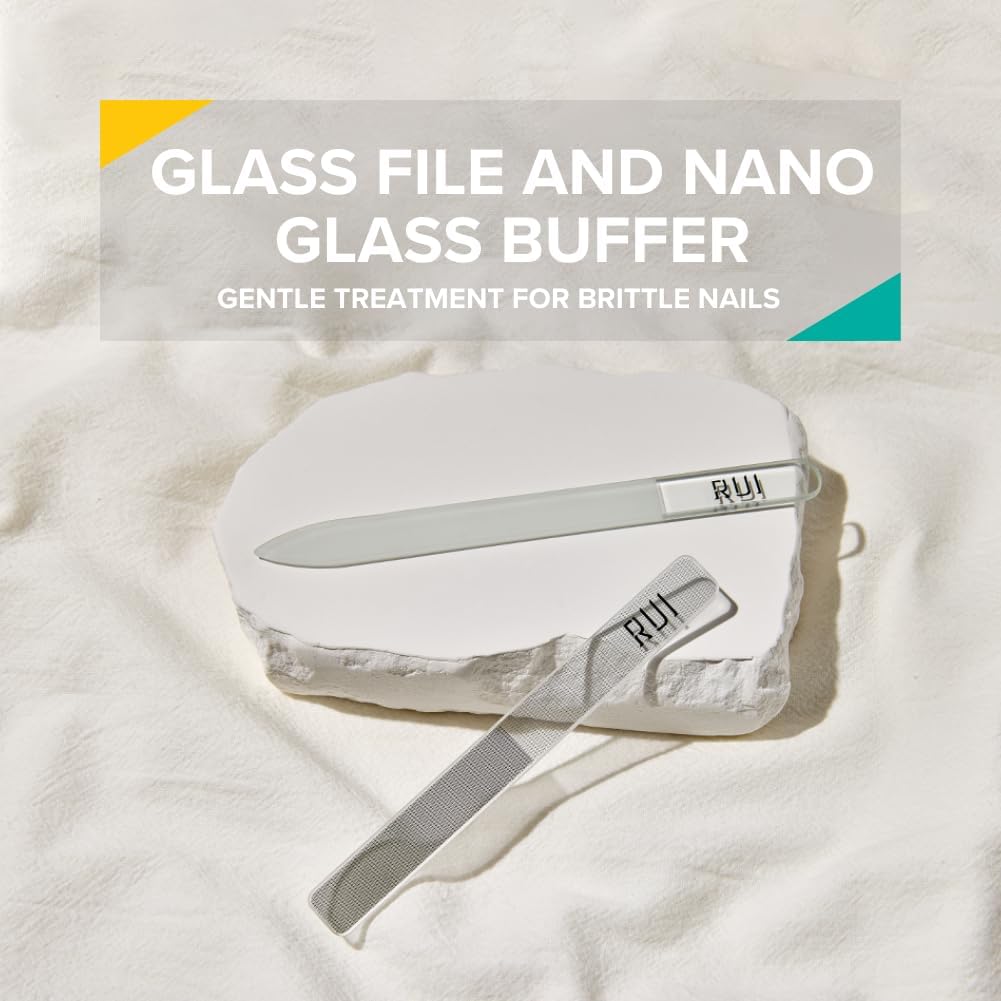 Rui Smiths CarbonConscious Glass Nail File & Nano Glass Buffer Set for Shiny Manicure Grooming - Reusable, Comes with Protective Cases