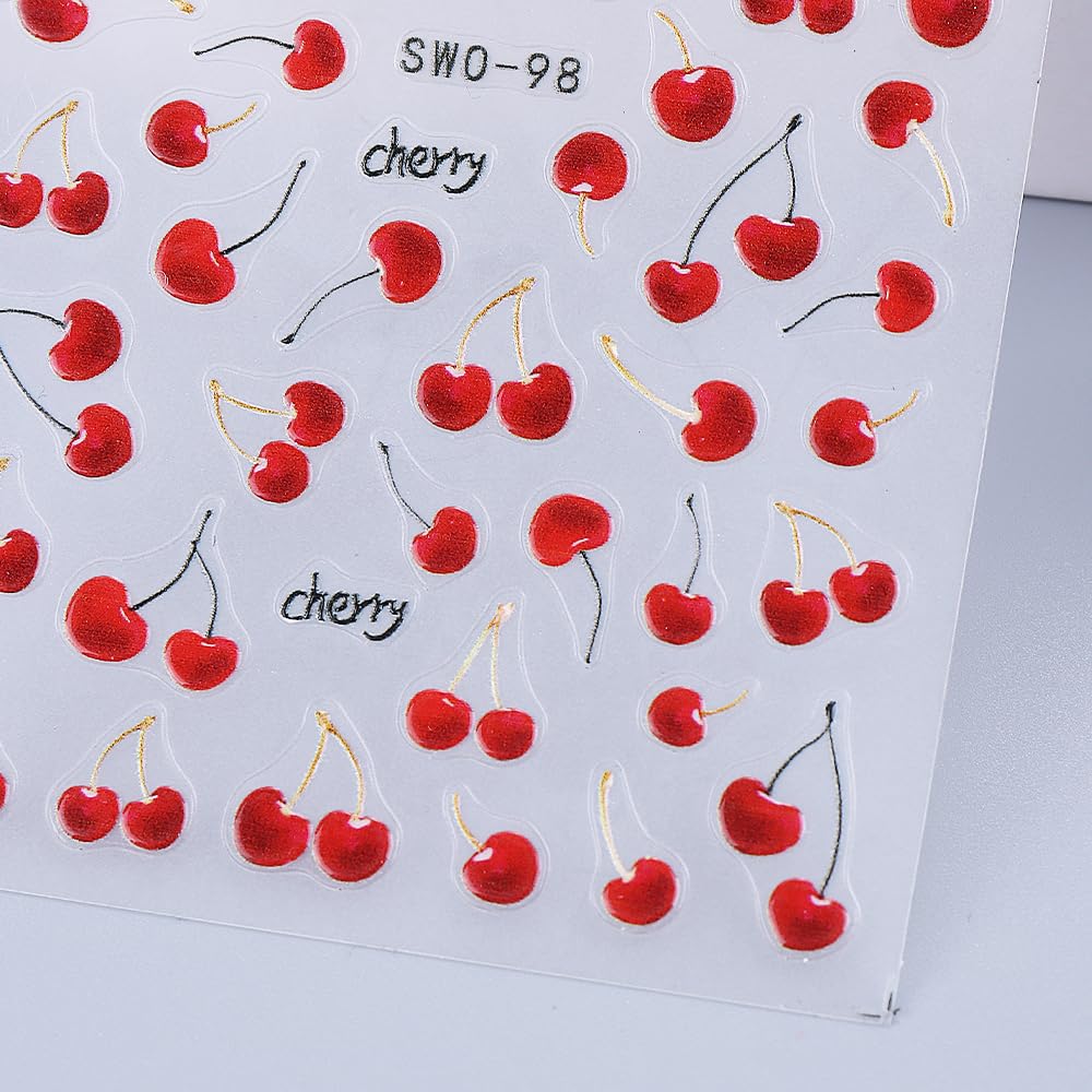 Cherry Nail Art Stickers Decals Summer Fruit Cherry 5D Embossed Nail Decals 3PCS Self-Adhesive Cherries Design Summer Stickers for Nails Art Decorations Supplies Manicure Sliders Accessories for Women
