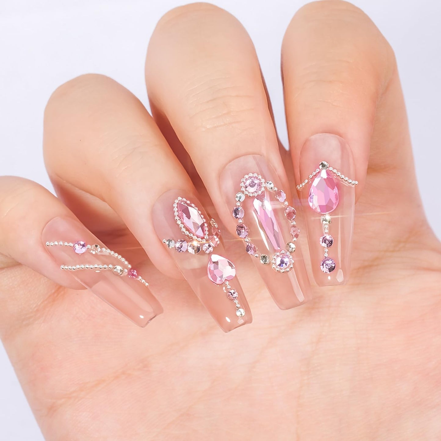 Multi Shapes Light Pink 3D Glass Crystal Nail Rhinestones Kit Mix 0.8mm Silver Nail Round Beads Charm Flatback Gems 5 Grids Flatback Rhinestones Stone Diamond for Manicure Makeup DIY Decoration
