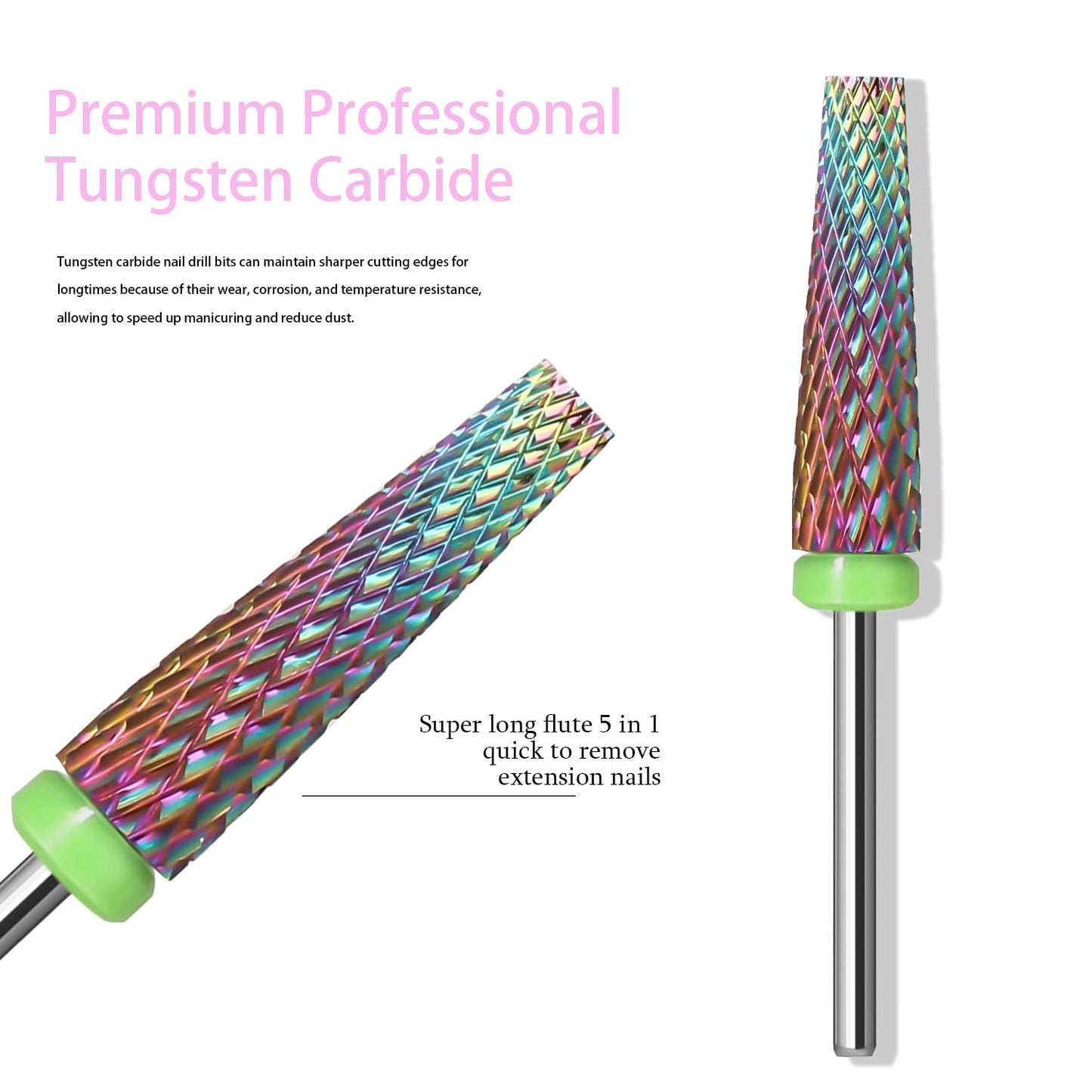 Super Long 5 in 1 Nail Drill Bits,Two Way Rotary Nail Cleaner Carbide Tungsten Nail Bits, Suitable for Manicure Pedicure Cuticle Gel Polishing Acrylic Hard Gels(Rainbow, Coarse-C)
