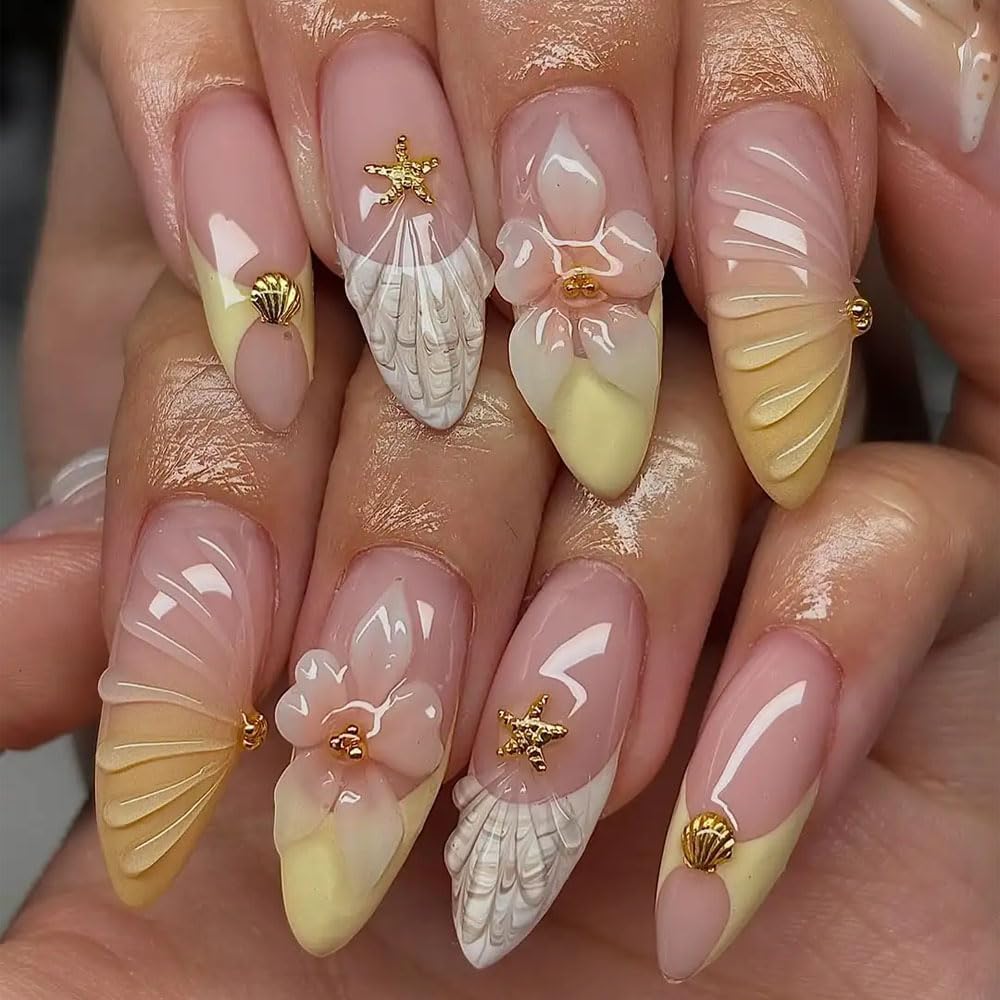 2 Pack 3D Nail Art Charms Set, Summer Beach Theme with Starfish Shell Pearls, Metal Rhinestone Decorations for Acrylic Nails
