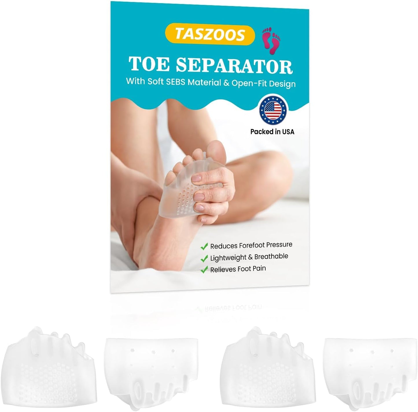 Toe Separators & Metatarsal Pads for Women & Men - 4Pcs Gel Toe Spacers, Ball of Foot Cushion for Pain Relief, Metatarsalgia, Morton’s Neuroma, Long Hours of Standing or Walking