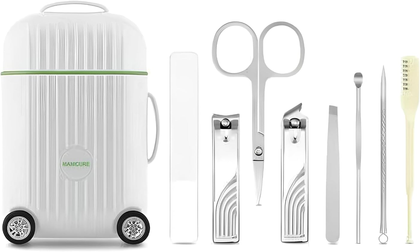 Travel Luggage Style Manicure Set, 6-in-1 Nail Care Kit with Stainless Steel Tools, Compact Design (White)
