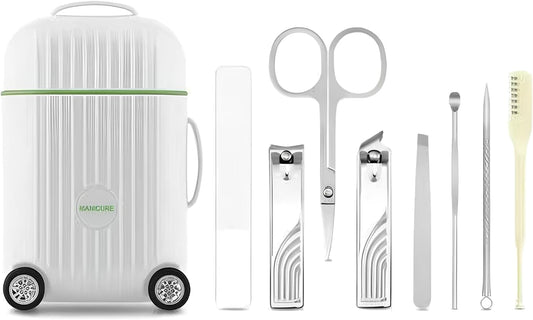 Travel Luggage Style Manicure Set, 6-in-1 Nail Care Kit with Stainless Steel Tools, Compact Design (White)