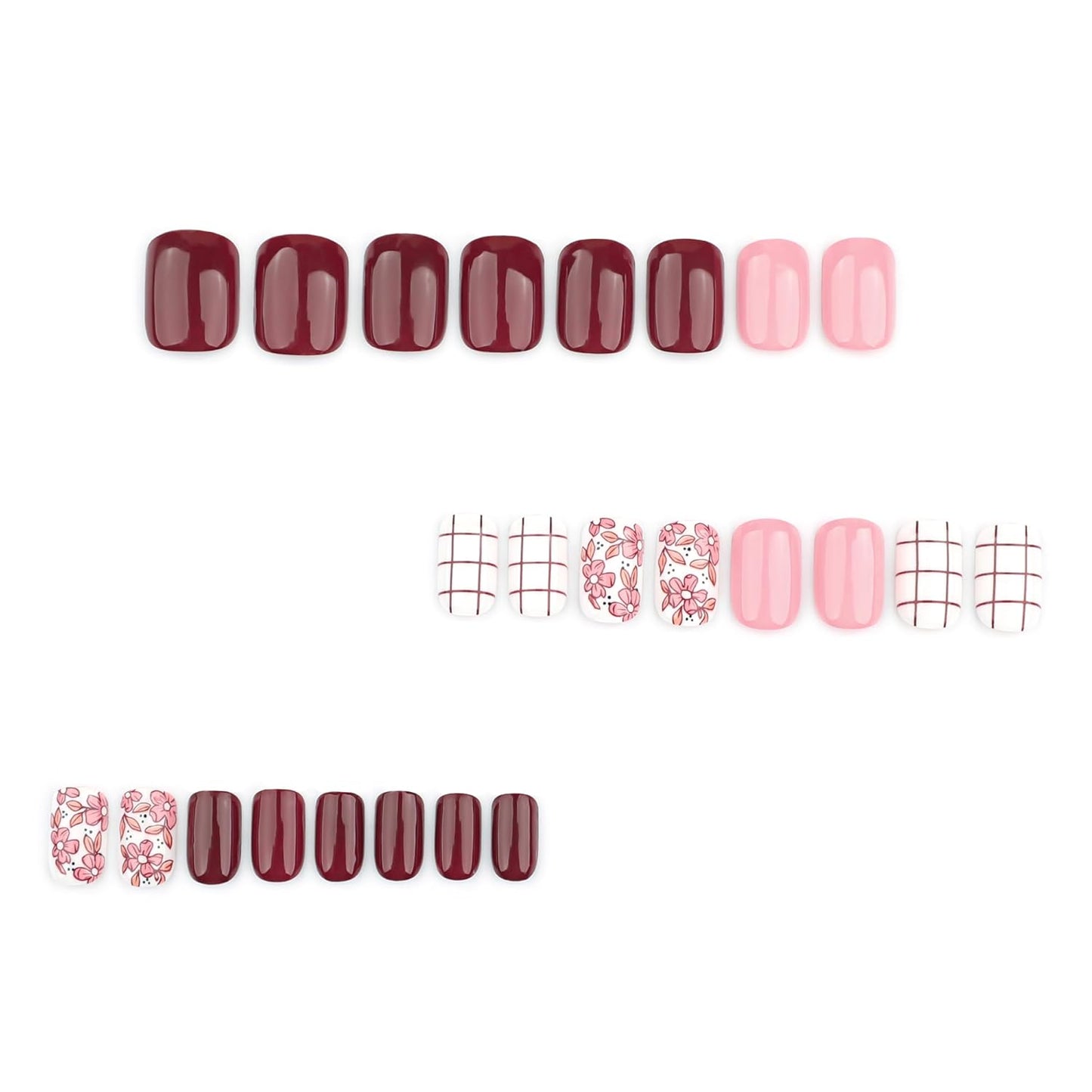 Press On Nails Short Square, Pink Fake Nails with Multicolored Nails and a Blend of Vintage and Romantic Designs, Glossy Gel Finish, Durable Reusable Acrylic Press On Nails Kit for Women