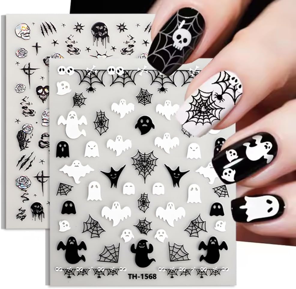 Halloween Nail Art Stickers Decals 3D Sparkly Ghost Pumpkin Self-Adhesive Nail Decals Nail Art Supplies 6PCS Spider Web Spider Black Cat Skull Bat Halloween Nails Design Transfer Sliders for Women