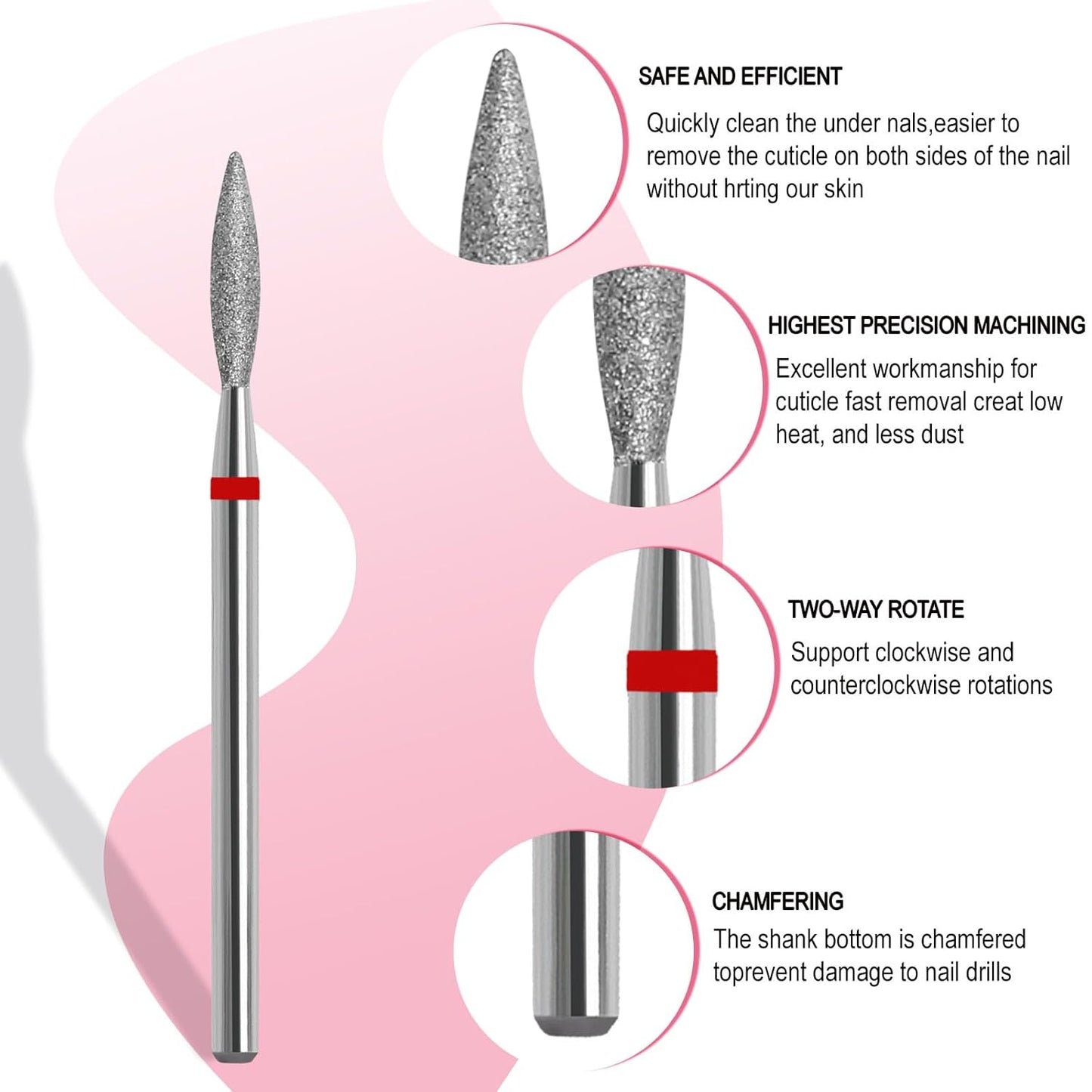 Cuticle Clean Nail Drill Bit, 3/32" Russian Diamond Nail File bits, Safety Carbide Under Nail Cleaner for Cuticle Dead Skin Nail Prepare, Nail Salon Manicure, Flame Shape (Fine)