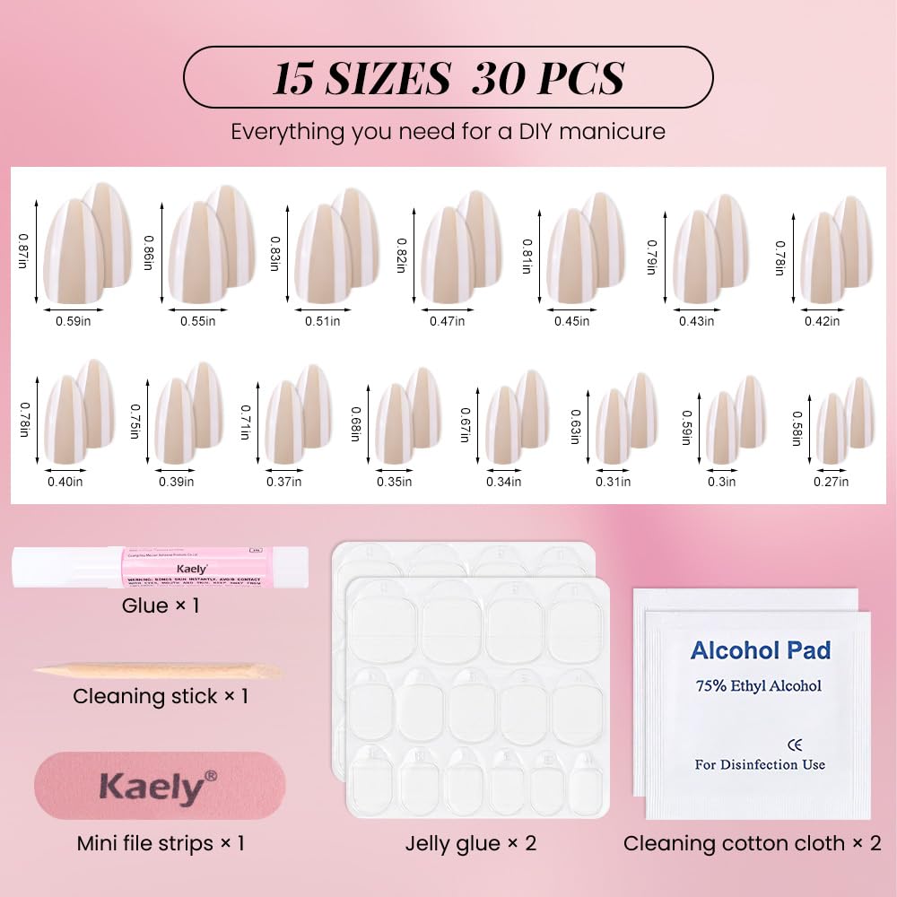 Press on Nails Short Almond - Nude Beige Chrome Glazed Glossy Press on Nail Tips Glue On Nails with Nail Glue for Gift, Reusable Stick On Nails in 15 Sizes 30 Full Cover Acrylic Soft Gel Fake Nail Kit