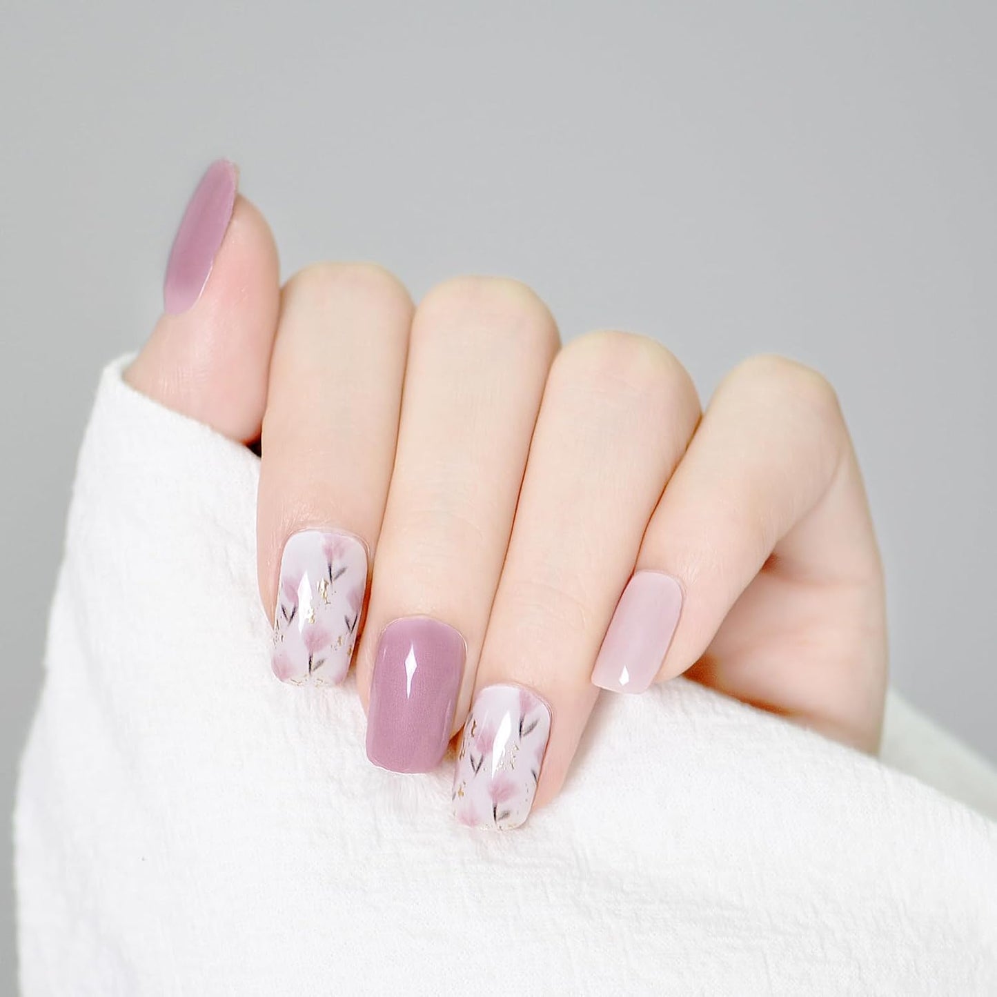 WOKOTO 1 Sheet Semi Cured Gel Nail Strips With Wood Stick, Nail File & Prepared Pads, 20 Tips Pink Flowers Semi Cured Nail Polish Strips, Harden With UV Light Gel Nail Wraps Stickers For Women Girls