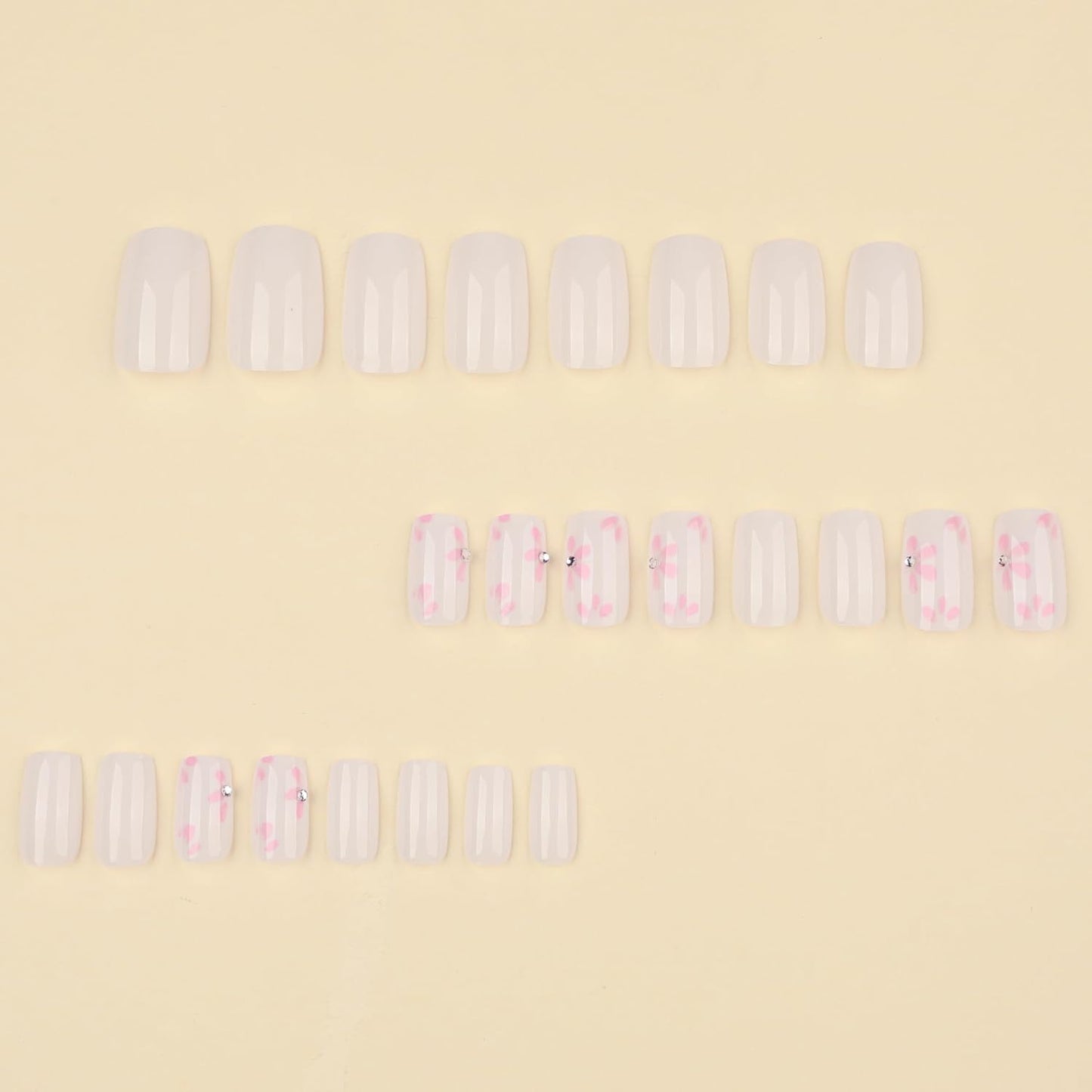 Nude Press On Nails Medium Square, Pink Flower Fake Nails with 3D Floral Design, Glossy Finish Reusable Acrylic Nails, Natural Glue On Nails Kit for Women, 24Pcs