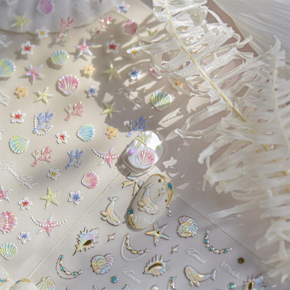 Holographic Ocean Theme Nail Art Decals, 2 Sheets, Self-Adhesive Stickers with Seashells, Dolphins, Starfish, Coral Design for Women's Nail Decoration