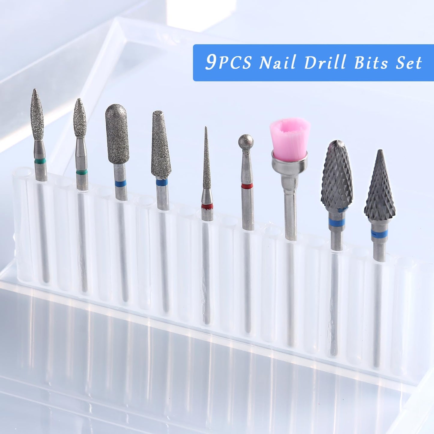 Nail Drill Bits Set, 9PCS Cuticle Cleaner & Carbide Bits for Acrylic Nails, Manicure Pedicure Remover Tools, Professional Nail Salon Supplies, fresas para drill nails - 3/32" Shank