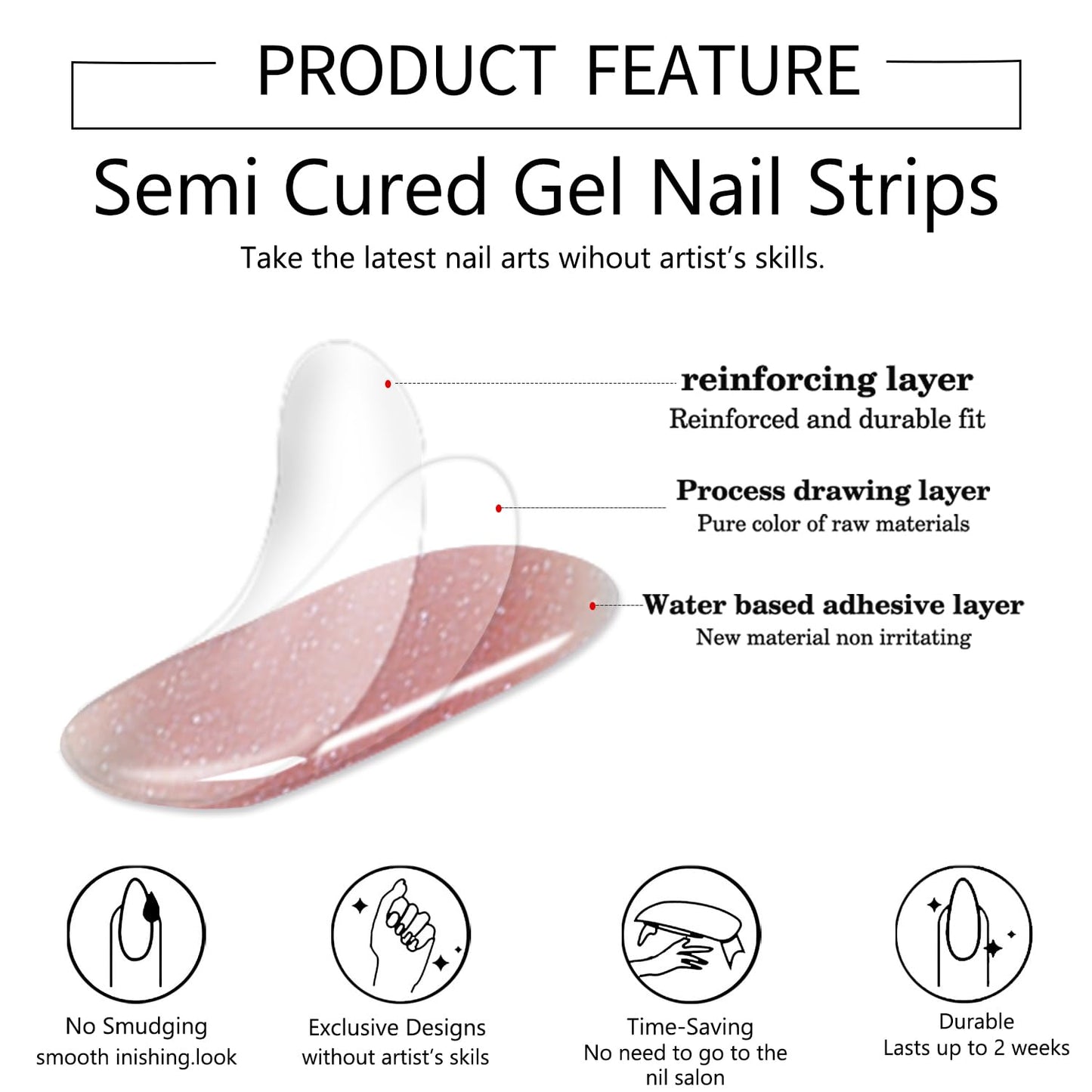 WOKOTO 1 Sheet Semi Cured Gel Nail Strips With Wood Stick, Nail File & Prepared Pads, 20 Tips Transparent Red Glitter Semi Cured Nail Polish Strips Stickers, Harden With UV Light Gel Nail Stickers