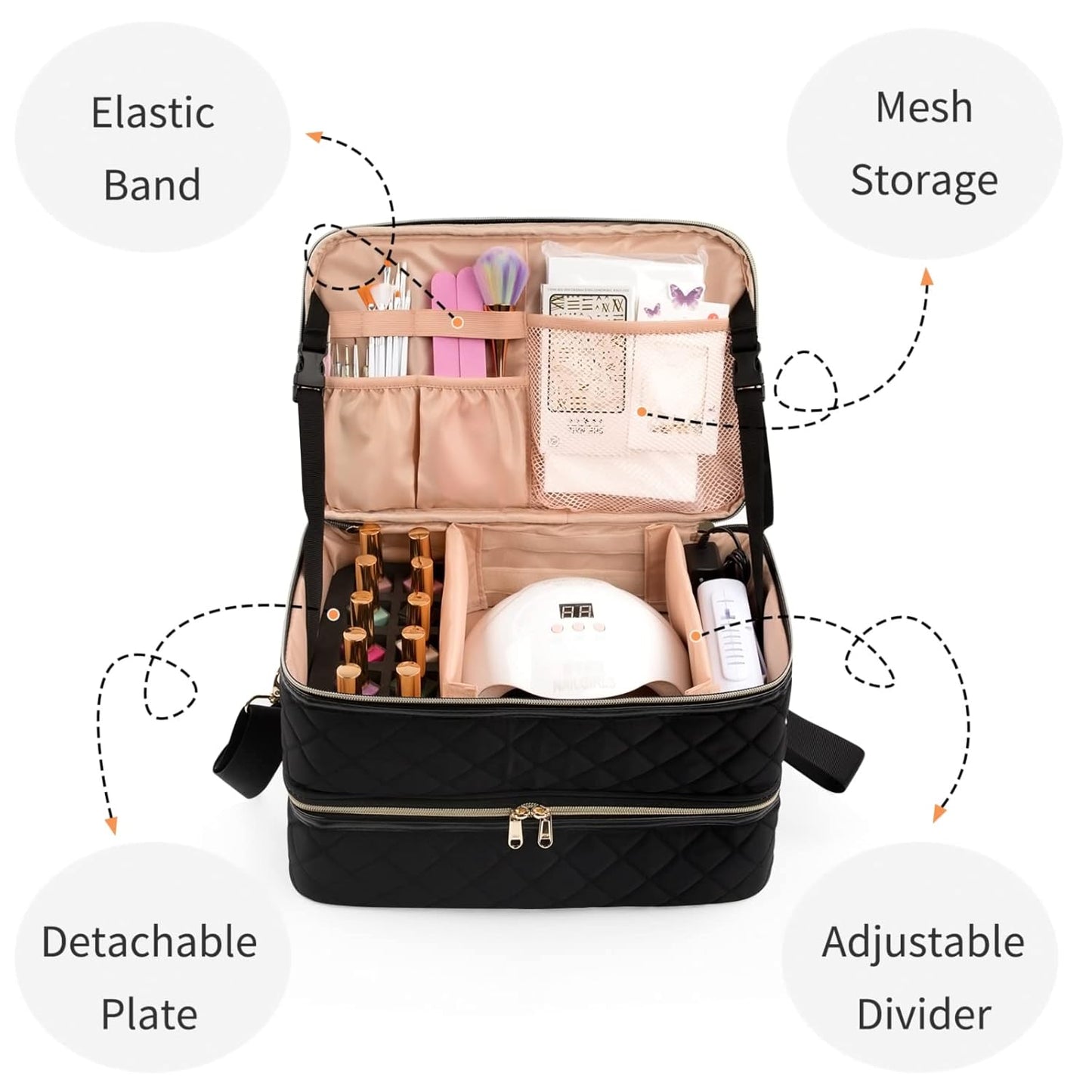 Ethereal Nail Polish Organizer Case Holds 50+ Bottles(15ml/0.5fl.oz) and Nail Lamp, Double Layer Nail Polish Storage Bag for Nail Kit, Manicure Tools, Black