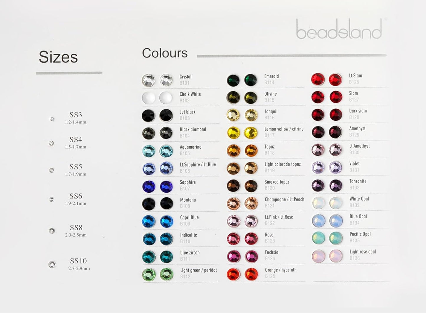 Beadsland Flat Back Rhinestones Sample Card Color Chart
