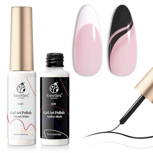 beetles Gel Polish Nail Art Liner Gel Polish Set- 2 Popular Black White Colors Nail Polish Gel Paint for Swirl Nails Built Thin Nails Art Brush in Gel Pens UV Soak off Gifts for Women