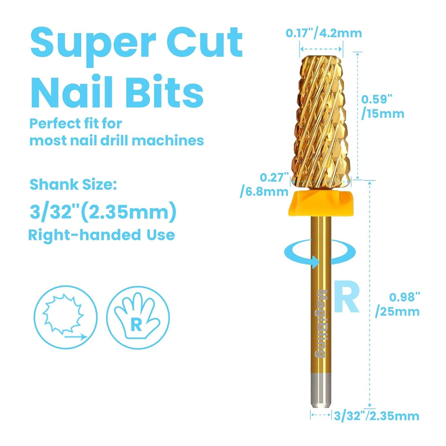 Super Cut Tapered Barrel Nail Drill Bits, 3/32'' Professional Tungsten Carbide Bits, Remove Hard Gel Fast, Right Hand, Suitable for Long Acrylic Nails Gel Polishing, Double Coarse.