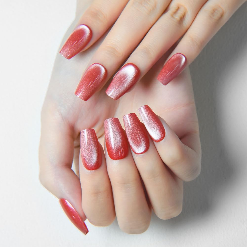 evpct Red Pink Cat Eye Coffin Press on Nails Square Medium, Medium Square Glue on Nail for Women Gift, Red Pink Metallic Glitter Glossy Reusable Summer Soft Gel Press on Acrylic Fake Nail with Designs