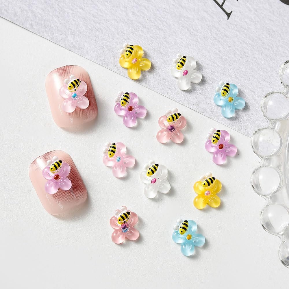150PCS Bee Flower Nail Charms, 3D Resin Mixed Colors Cute Bees Jewelry Spring Nail Art for Women Girls Manicure DIY Nail Decoration