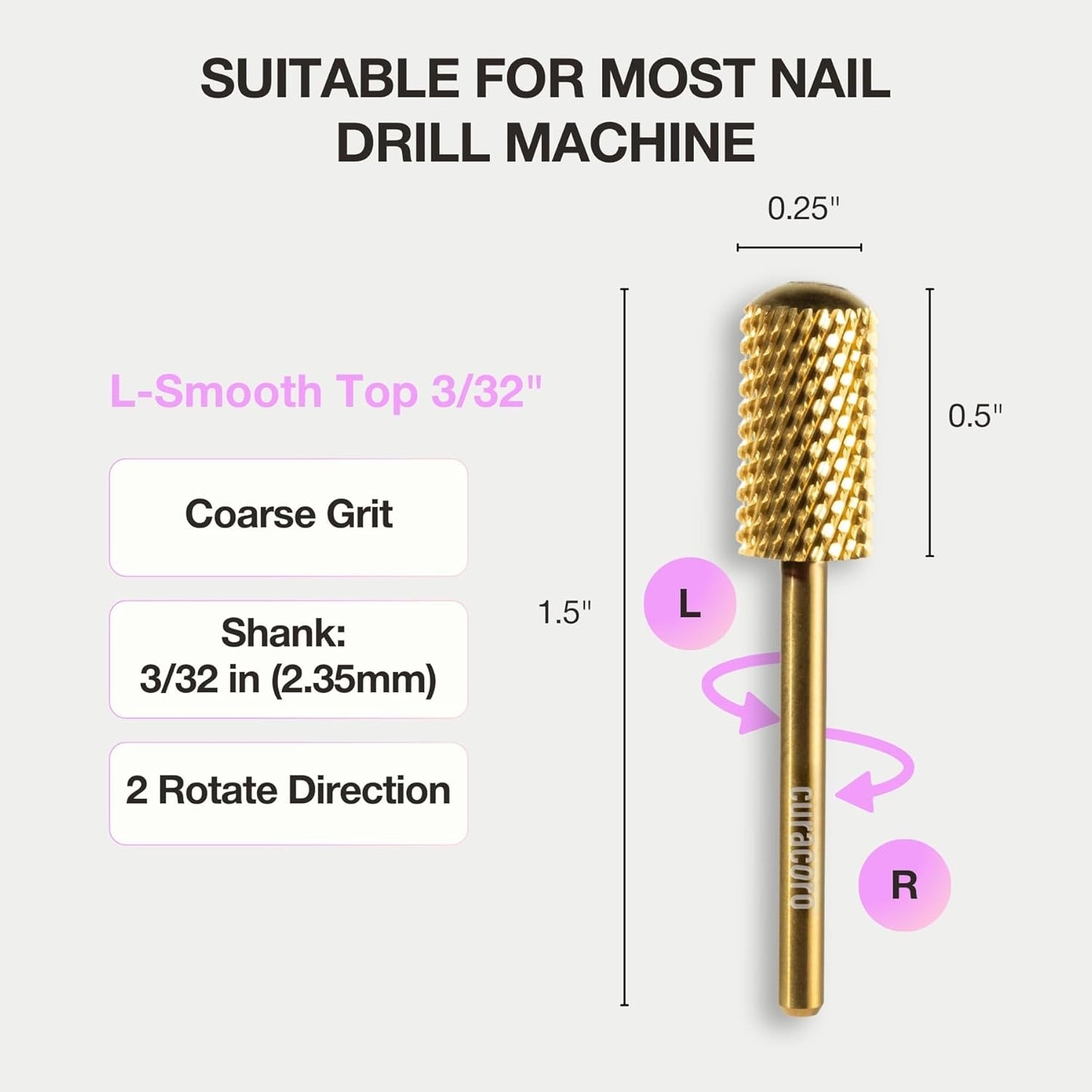 Curacoro Nail Drill Bits 3/32'' - L-Shaped Smooth Stop Barrel Carbide Bit (Coarse) for Professional Finish, Fast Remove, Shape & Smooth Acrylic or Gel Nails, Nail Art Pedicure Manicure Salon & Home