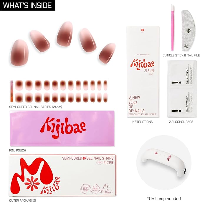 Semi Cured Gel Nail Strips - Minimalist Ombre Nail Polish Wraps, Works with Any UV Lamp - Long Lasting Easy Salon Manicure - 24pcs with 2 Prep Pads, Nail File & Cuticle Stick (Chocolate Bar)
