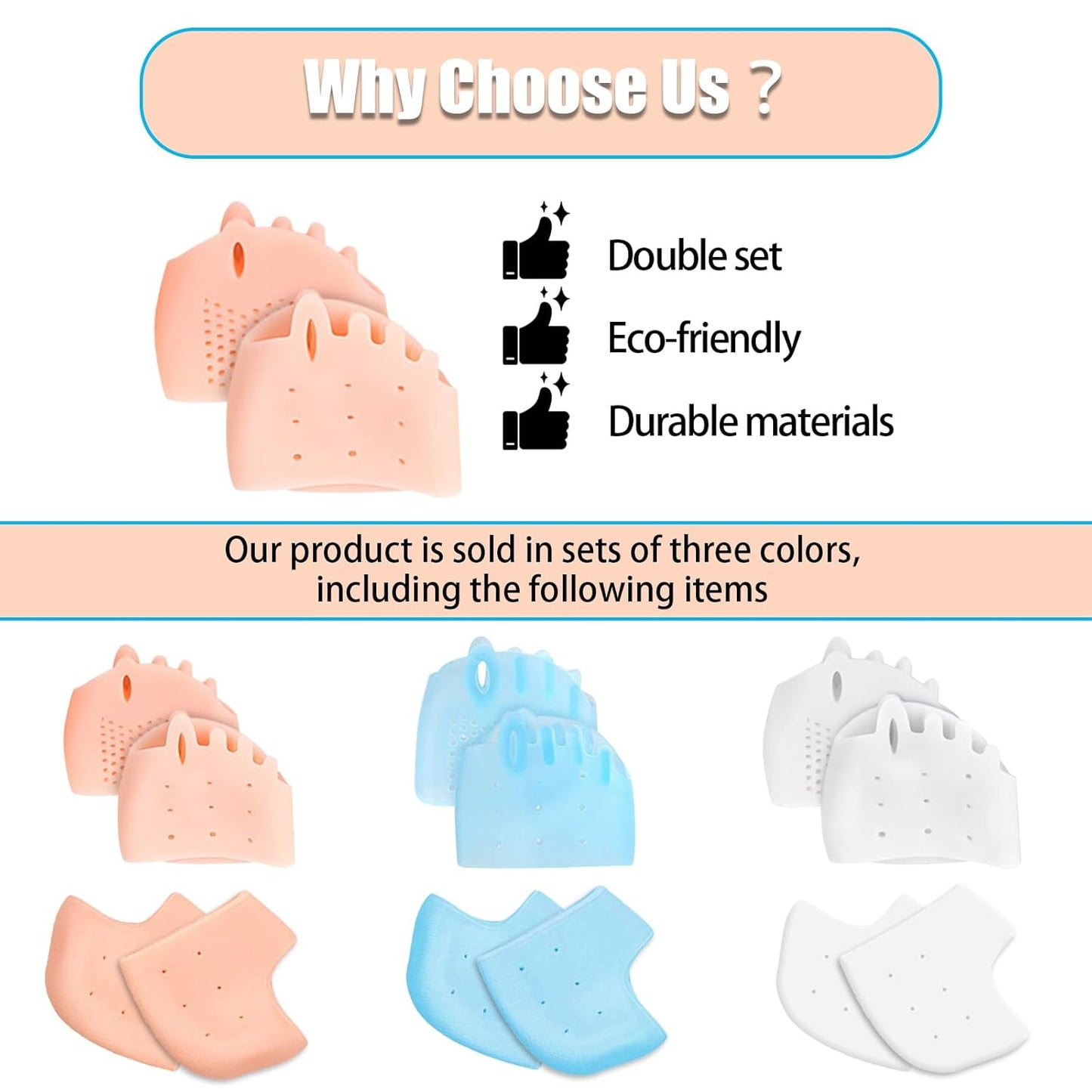 3 Set Silicone Toe Separators and Gel Heel Protectors for Women & Men, Bunion Corrector Cushion, Metatarsal Pads, Ball of Foot Cushions, Breathable Soft Gel Foot Cushions, Silicone Heel Cups