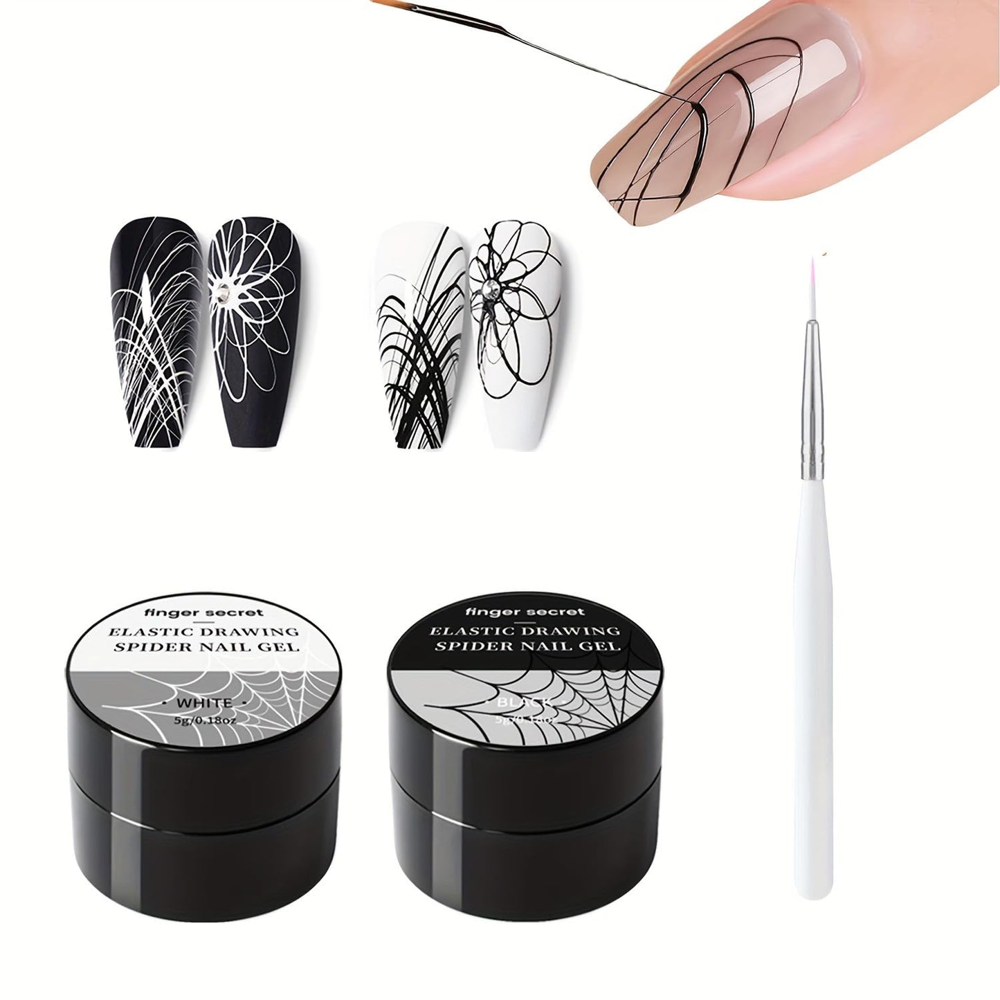 5g/0.18oz Spider Gel Kit for Nails, Spider Design for Art Wire Drawing Nail Gel for Line with Brushes for Nail Art (White & Black)