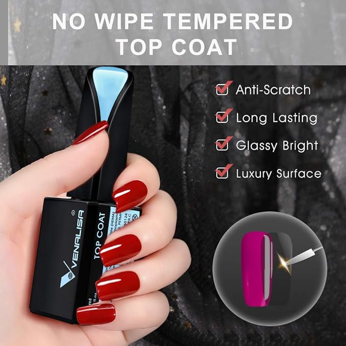 VENALISA 2 Pcs 15ml Gel Nail Ploish Base and Top Coat Set, No Wipe High Gloss Long Lasting Tempered Top Coat Polish Soak Off LED Gel Kit