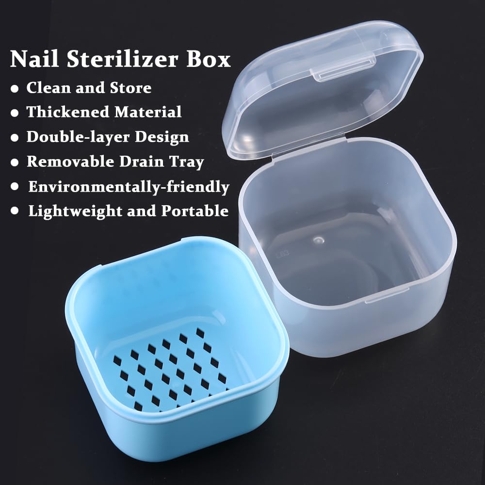 Nail Tool Sterilizer Box Plastic Sterilization Tray for Nail Art Accessories Tools, Portable Nail Drill Bits Disinfectant Container Soaking Box with Strainer Nail Art Salon Sterilizing Tool