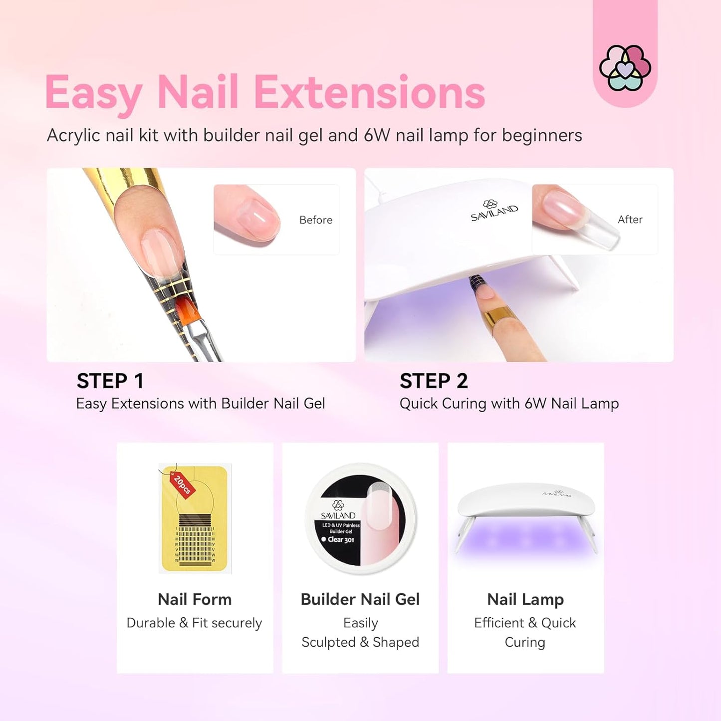Saviland Acrylic Nail Kit for Beginners Practice: Keratin Acrylic Powder Monomer Liquid Brush Clippers Nail Lamp Complete Tools Everything 100 Nail Tips Home Starters