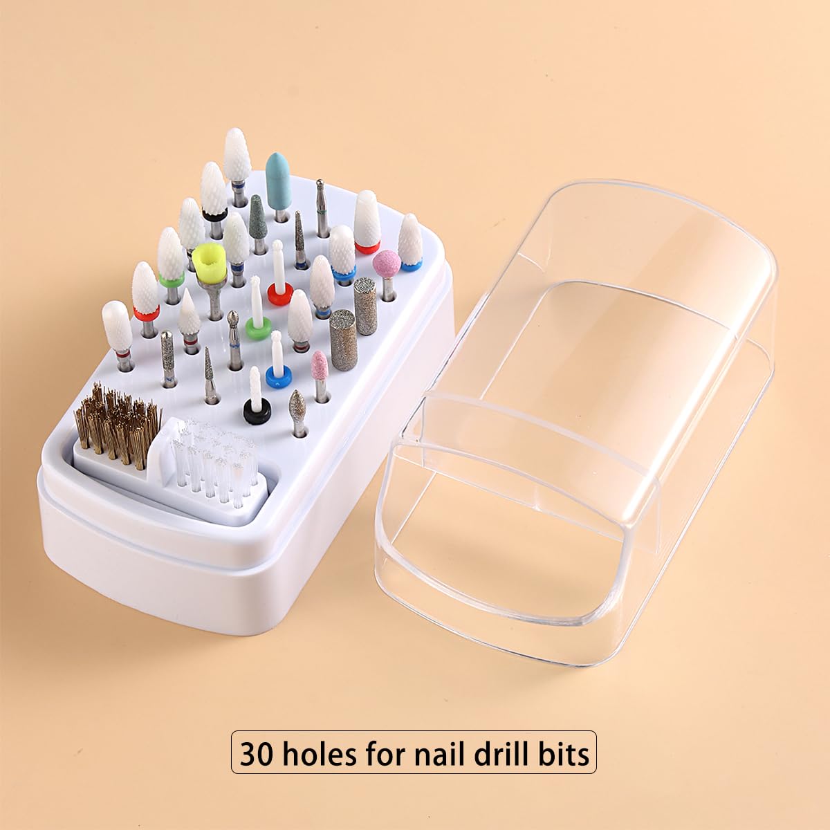 2 in 1 Nail Drill Bit Holder and Nail Drill Bits Cleaner Brush Case, 30 Holes Nail Drill Bits Organizer Display Stand Container Box, Manicure Drill Cleaning Brush, Professional Nail Tools
