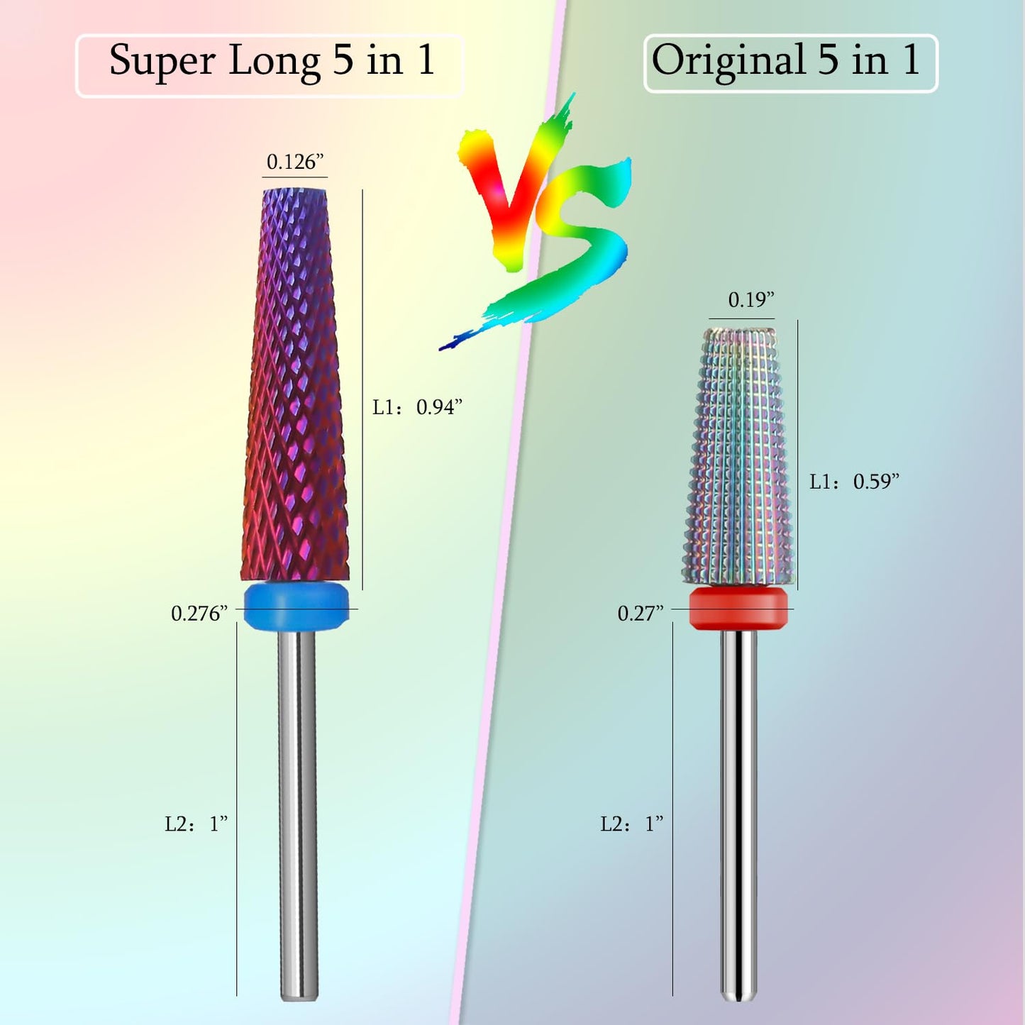 Super Long 5 in 1 Nail Drill Bits, Professional 3/32'' Carbide Tungsten Two Way Rotary Nail Cleaner Nail Bits, Suitable for Manicure Pedicure Cuticle Gel Polishing Acrylic Nails (Purple, Medium-M)