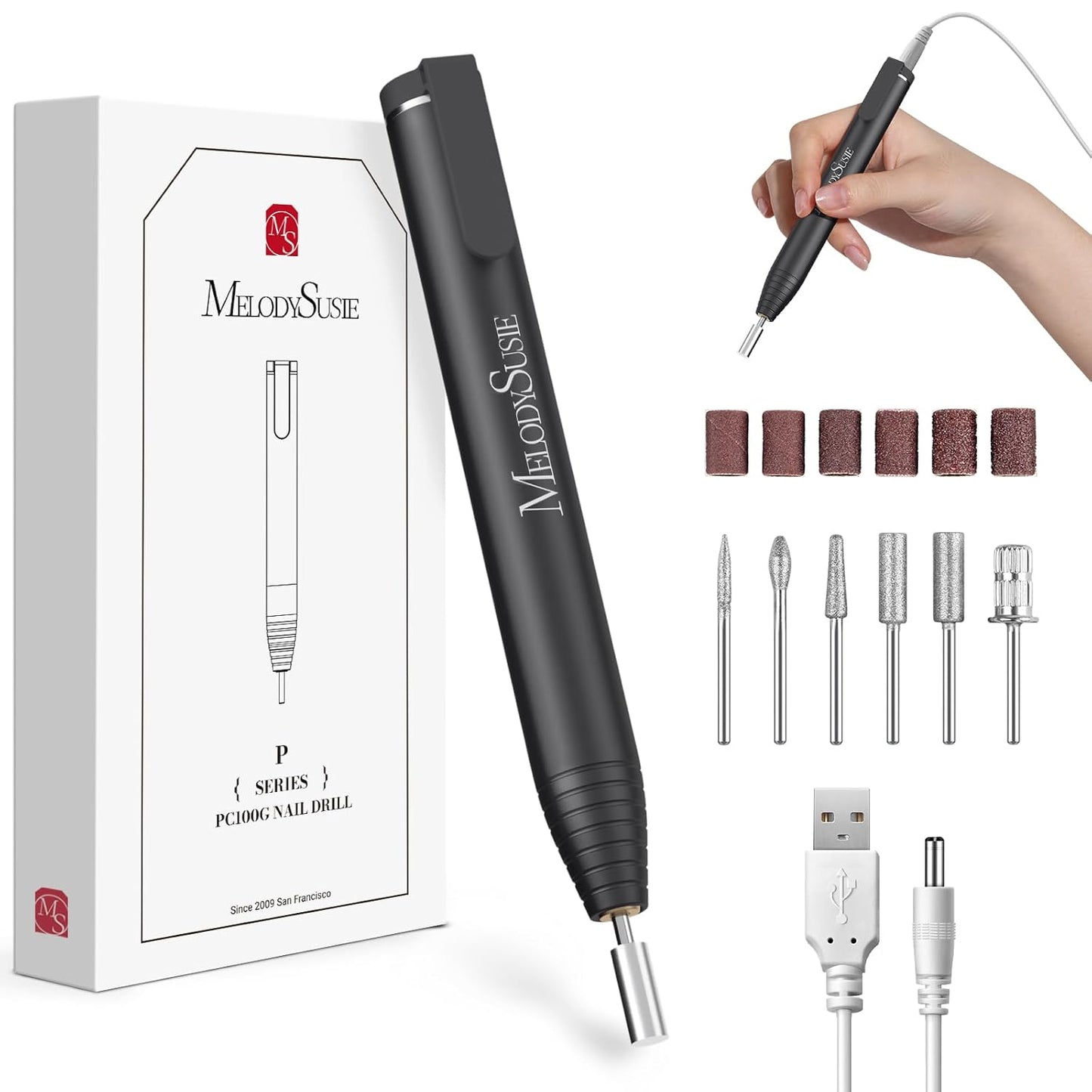MelodySusie PocketNail Slim Ergonomic Pen-Shaped USB Nail Drill, PC100G 20000RPM Portable Electric File for All Manicure, Pedicure Nail Care, Shaping & Gel Removal at Home for Beginners