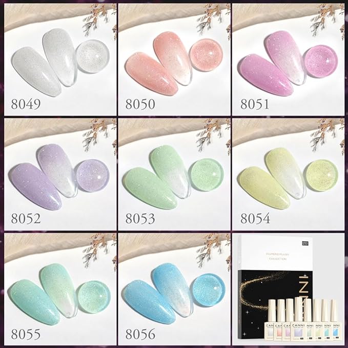 CANNI 8 Pcs 9 ML Glitter Gel Nail Polish Set, Shimmer Sparkly Pink Yellow White Purple Blue Green Colors Gel Polish Kit Soak Off Led Nail Art Gel Manicure Salon DIY Gifts