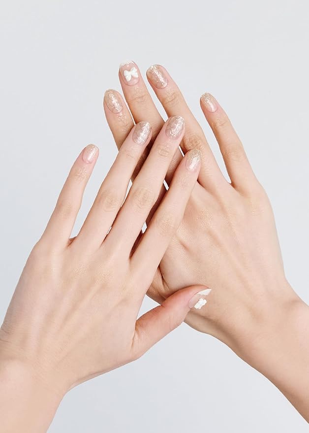 ohora Semi Cured Gel Nail Strips (N Grace Bloom) - White, Gem, Works with Any UV/LED Lamps, Salon-Quality, Long Lasting, Easy to Apply & Remove - Includes 2 Prep Pads, Nail File & Wooden Stick