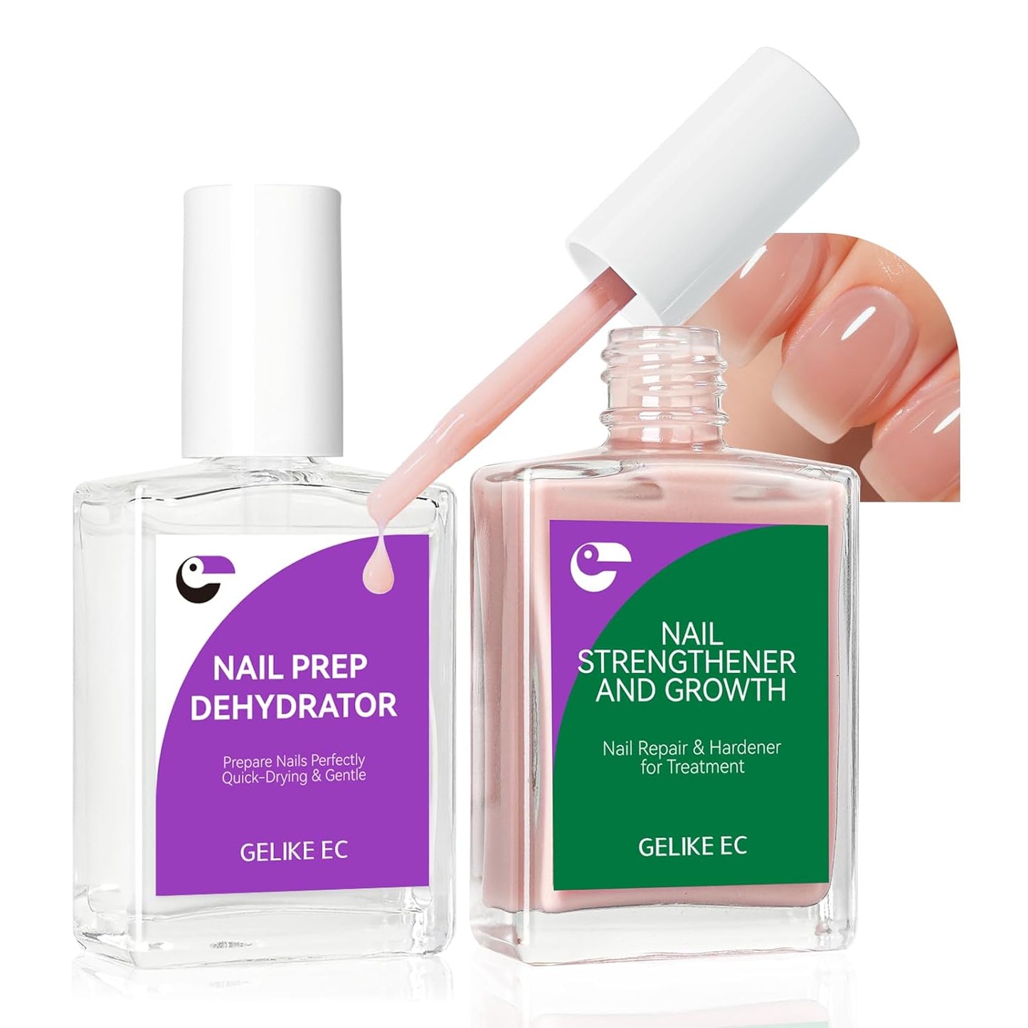 Gelike EC 2-in-1 Nail Repair Set: Nude Strengthener & Dehydrator 15ml Fix Weak Nails Fast - Salon Results at Home for Busy Moms Travelers