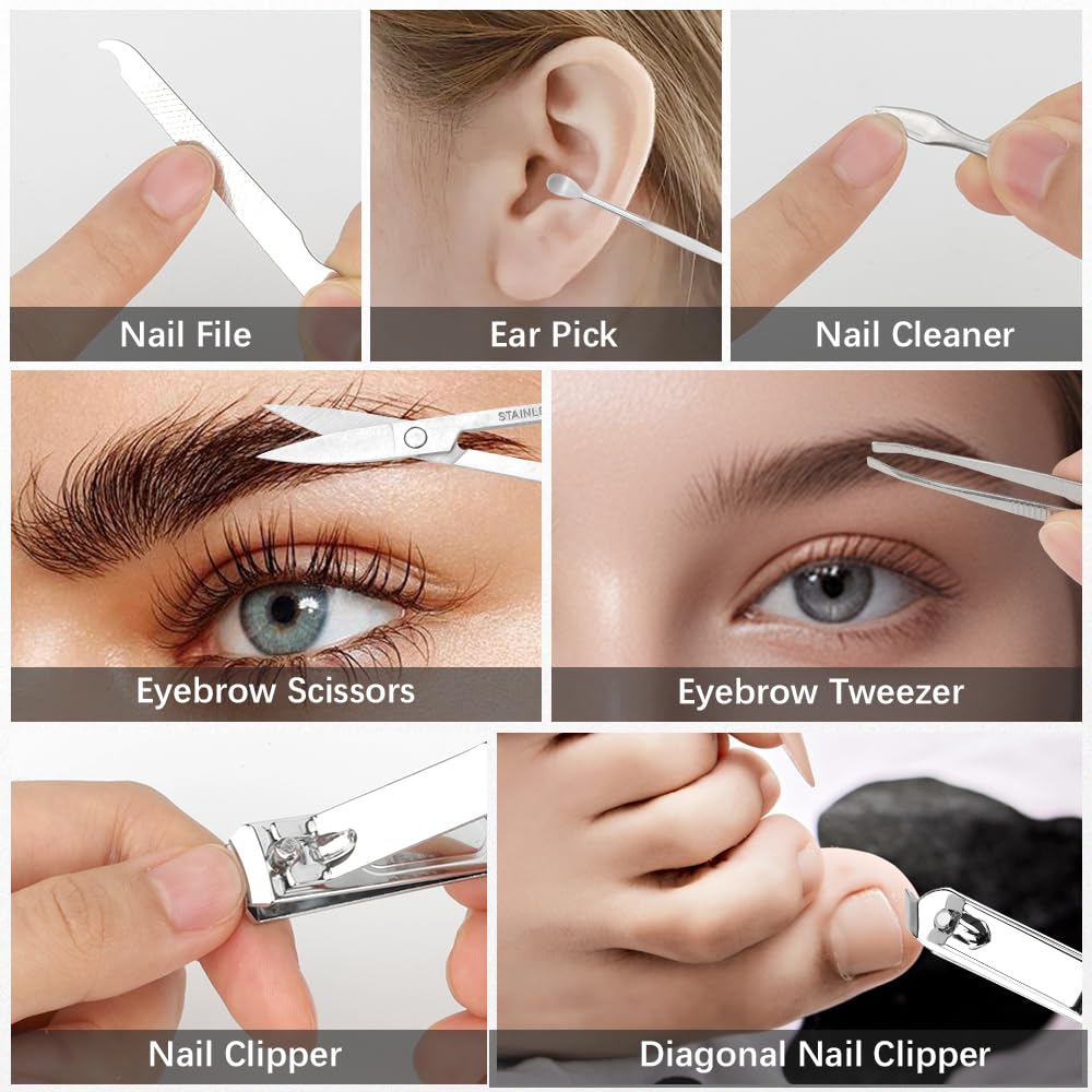 Silver Manicure Set, Nail Clipper Set 7 in 1 Manicure Kit Stainless Steel Nail Clipper Kit Pedicure Kit Portable Nail Grooming Kit Fingernail Toenail Clippers for Men Husband Boyfriend Women