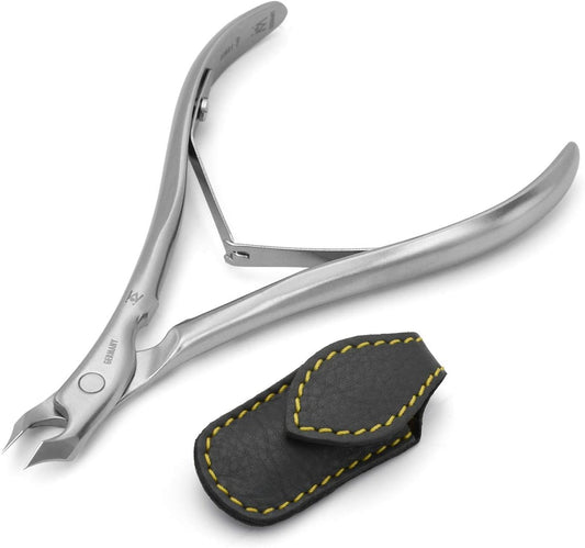 GERMANIKURE Tower Point Cuticle Trimmer - 1/2 Half Jaw Nipper - Ethically Made in Germany - FINOX Stainless Steel Professional Sharp Cuticle Remover in Leather Case – Manicure Tool, r145, 5mm