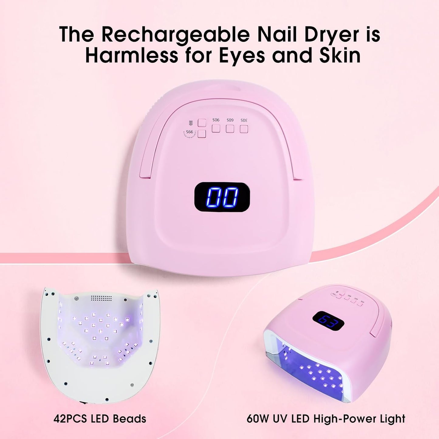 60W Rechargeable LED Nail Lamp, Cordless Gel Lamp with Portable Handle & 42pcs Lamp Beads, Automatic Sensor UV LED Nail Dryer, 4 Timers Professional UV Light for Gel Nails