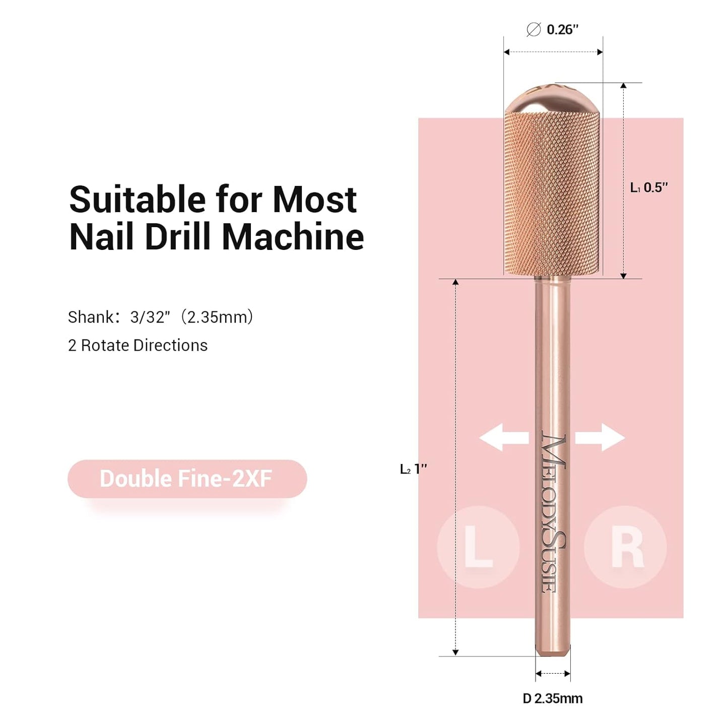 MelodySusie Safety Nail Drill Bits, 3/32'' Smooth Round Top Large Barrel Carbide Bits, Suitable for Manicure Pedicure Cuticle Gel Polishing, Beginners Bits, Rose Gold, Series Bit-S, Double Fine